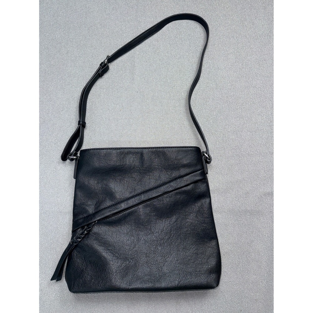 Black Vegan Leather Crossbody Bag Diagonal Zip Braided Tassel Square Messenger